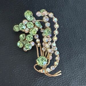 Vintage Austrian Pink AB & Green Crystal Rhinestone Flower Spray Brooch